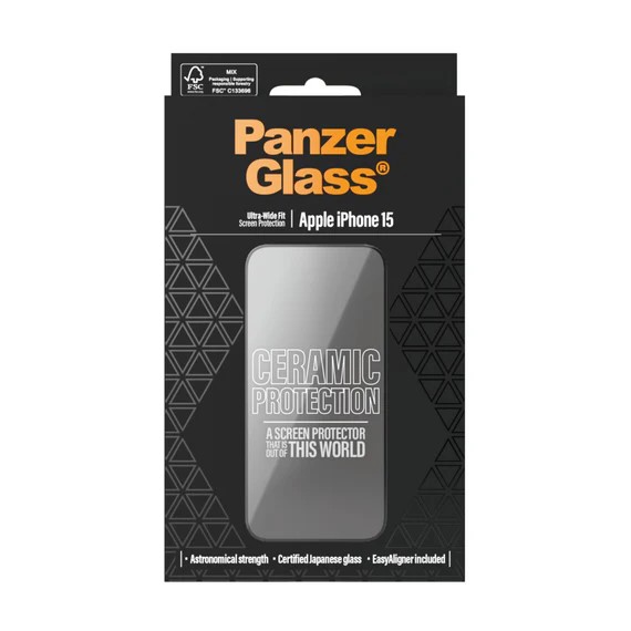 PanzerGlass | Ekrāna aizsargs | Apple | iPhone 15 | Keramiskais, Rūdīts stikls, Polietilēna tereftalāts (PET) | Melns/Caurspīdīgs | Ultra-Wide Fit ar EasyAligner