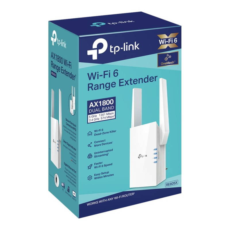 TP-LINK | Range Extender | RE605X | 802.11ax | Nav Mesh atbalsta | 574+1201 Mbit/s | 10/100/1000 Mbit/s | Ethernet LAN (RJ-45) porti 1 | Nav mobila platjosla | MU-MIMO Nav | Antenas tips 2x ārējā