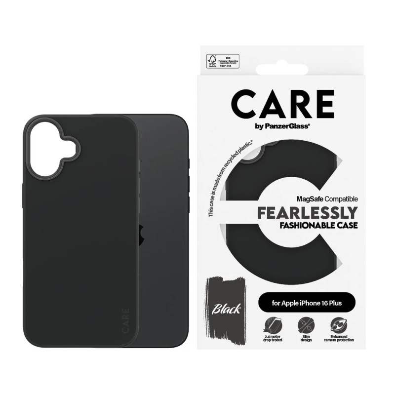 CARE by PanzerGlass Case Fashion | Aizmugures aizsardzība | Apple | iPhone 16 Plus | Pārstrādāts plastmasa | Melna | MagSafe