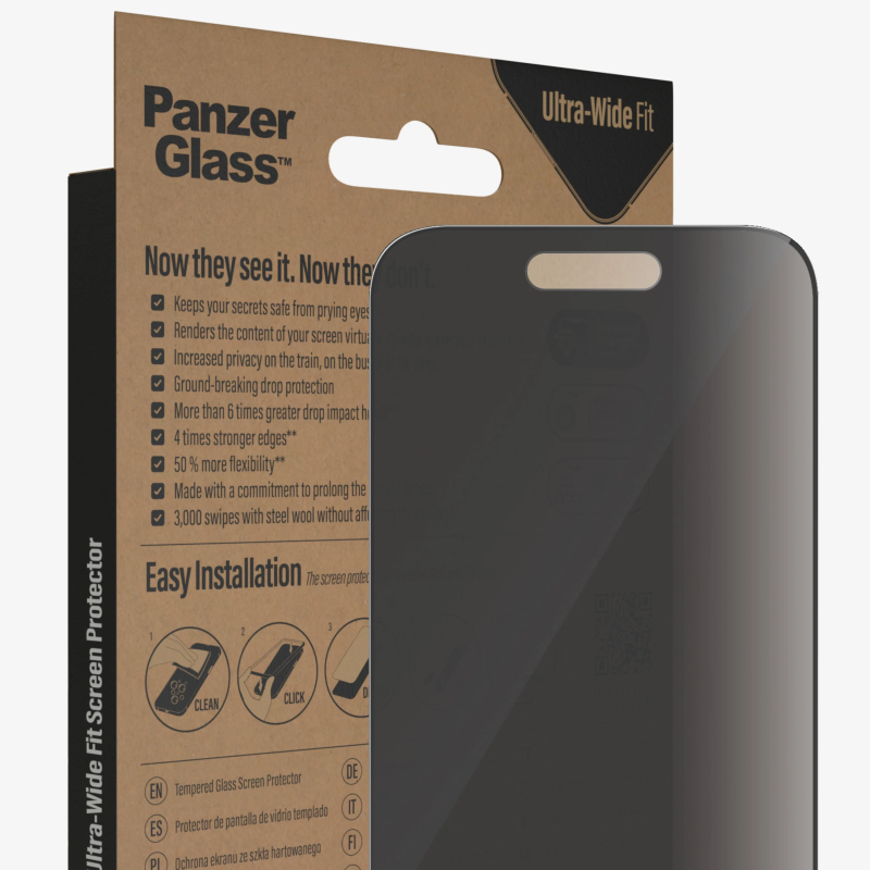 PanzerGlass | Ekrāna aizsargs | Apple | iPhone 14 Pro | Stikls | Melns | Ultra-Wide Fit; Viegla uzstādīšana; Privātuma filtrs; Pretpirkstu nospiedumu | Privātums