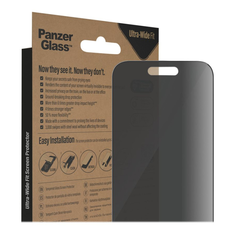 PanzerGlass | Ekrāna aizsargs | Apple | iPhone 14 Pro | Stikls | Melns | Ultra-Wide Fit; Viegla uzstādīšana; Privātuma filtrs; Pretpirkstu nospiedumu | Privātums