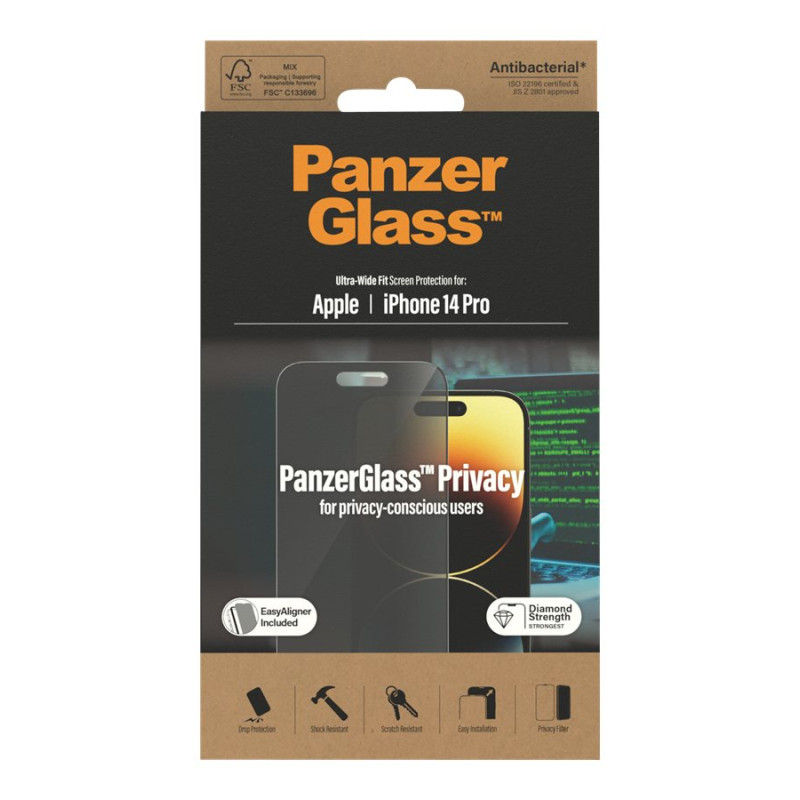 PanzerGlass | Ekrāna aizsargs | Apple | iPhone 14 Pro | Stikls | Melns | Ultra-Wide Fit; Viegla uzstādīšana; Privātuma filtrs; Pretpirkstu nospiedumu | Privātums