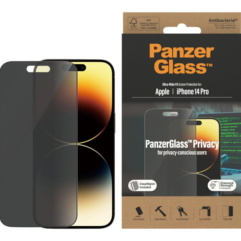 PanzerGlass | Ekrāna aizsargs | Apple | iPhone 14 Pro | Stikls | Melns | Ultra-Wide Fit; Viegla uzstādīšana; Privātuma filtrs; Pretpirkstu nospiedumu | Privātums