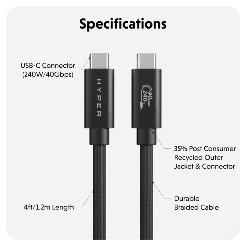 Hyper | HyperDrive Next USB4 Type-C veiktspējas kabelis, 1.2 m | HD6500BKGL
