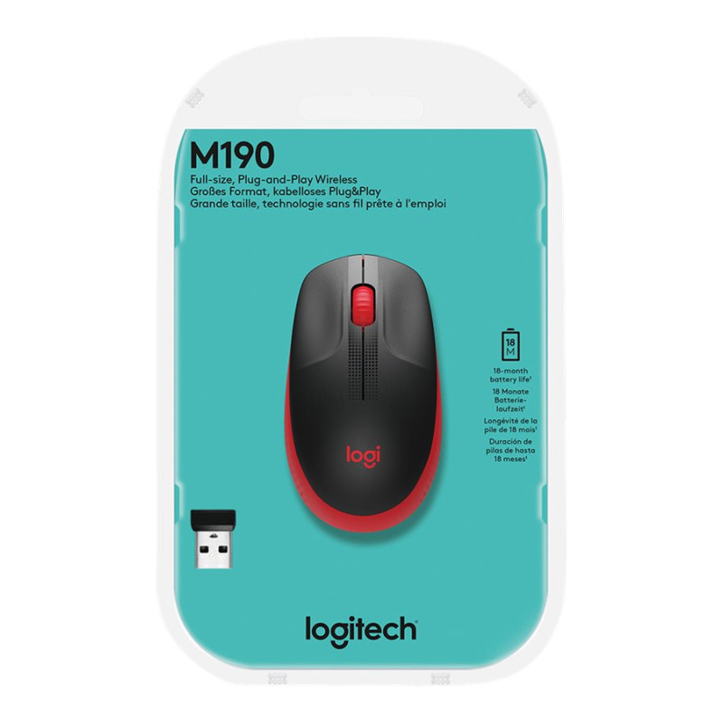Logitech | Full size Mouse | M190 | Wireless | USB | Red