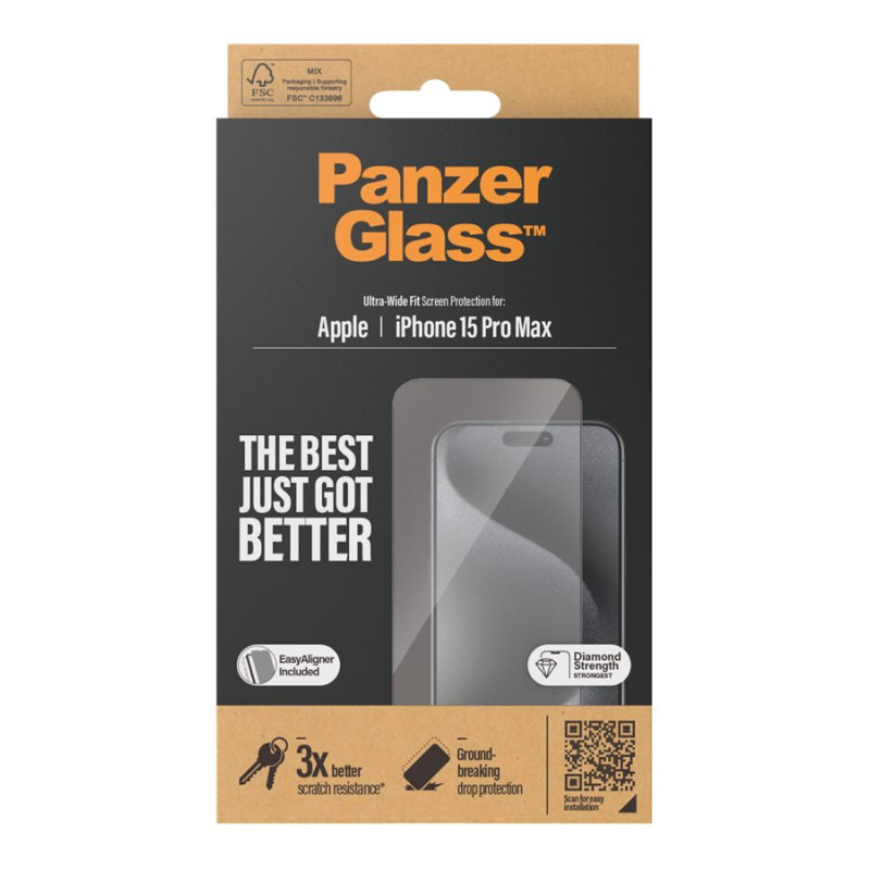 PanzerGlass | Ekrāna aizsargstikls | Apple | iPhone 15 Pro Max | Stikls | Caurspīdīgs | Plaša pārklājuma, Skrāpējumiem izturīgs, Kritienu aizsardzība, Iekļauts EasyAligner