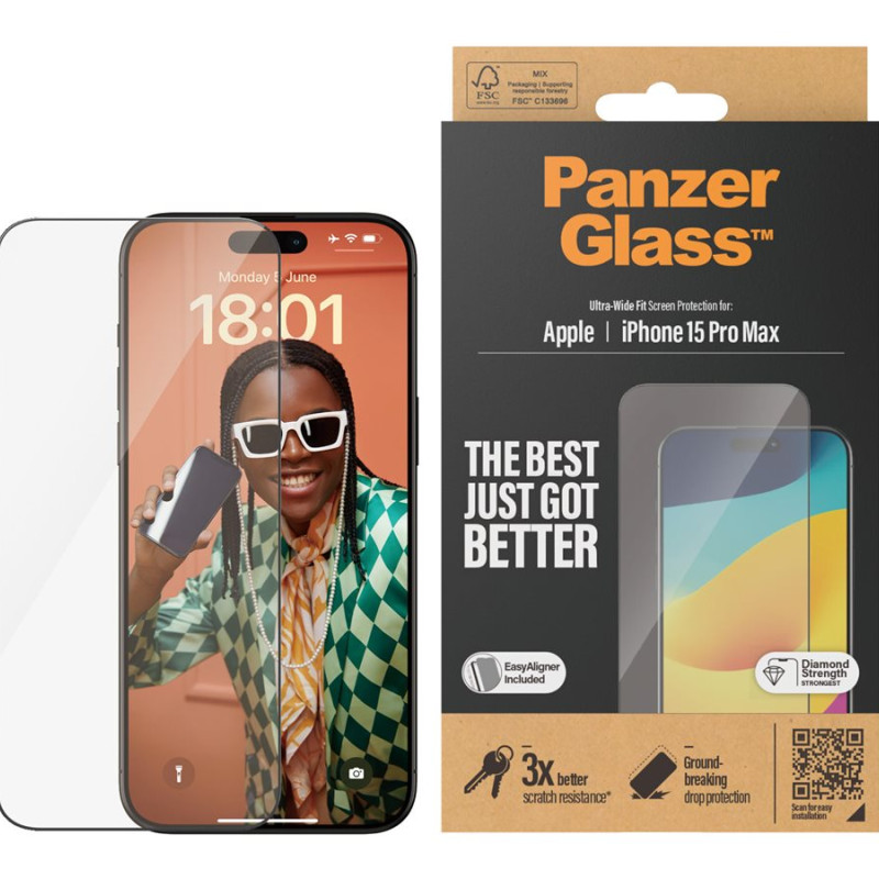 PanzerGlass | Ekrāna aizsargstikls | Apple | iPhone 15 Pro Max | Stikls | Caurspīdīgs | Plaša pārklājuma, Skrāpējumiem izturīgs, Kritienu aizsardzība, Iekļauts EasyAligner
