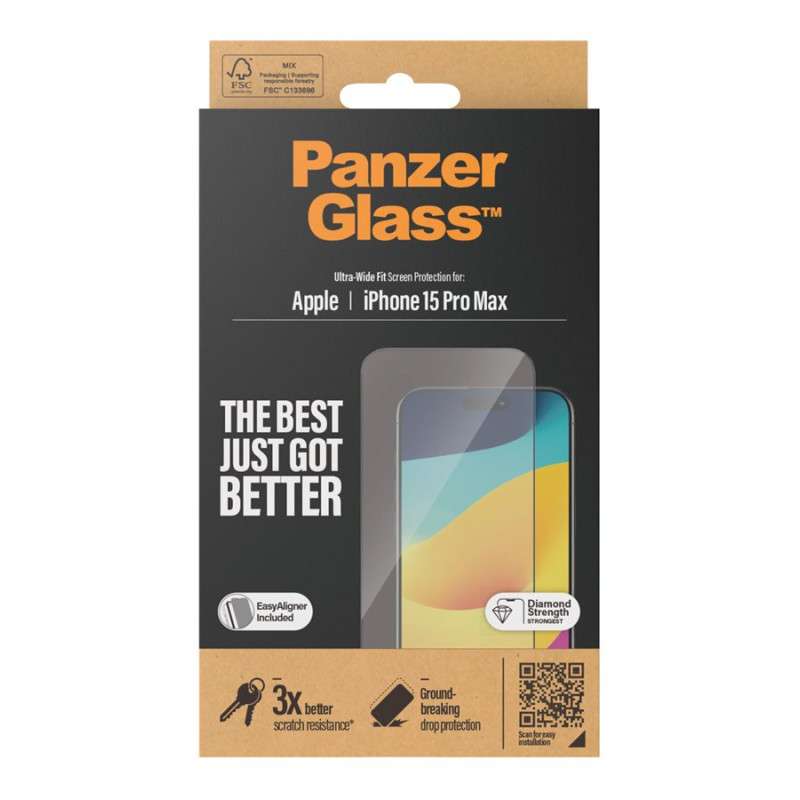 PanzerGlass | Ekrāna aizsargstikls | Apple | iPhone 15 Pro Max | Stikls | Caurspīdīgs | Plaša pārklājuma, Skrāpējumiem izturīgs, Kritienu aizsardzība, Iekļauts EasyAligner