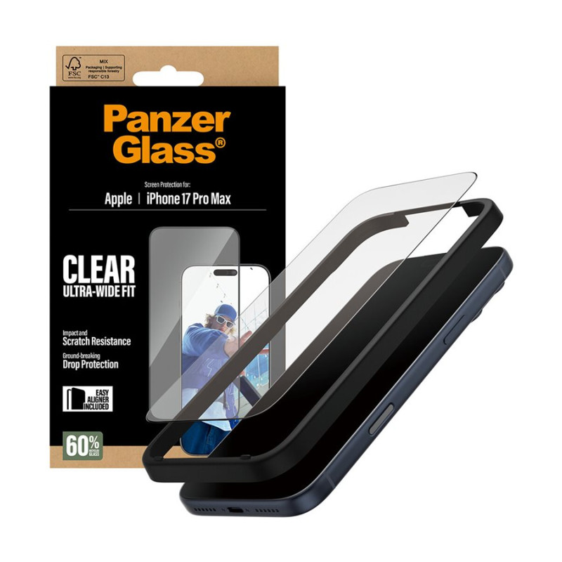 PanzerGlass Screen protector | Apple | iPhone 17 Pro Max | Glass | Transparent | Ultra-Wide Fit w. EasyAligner