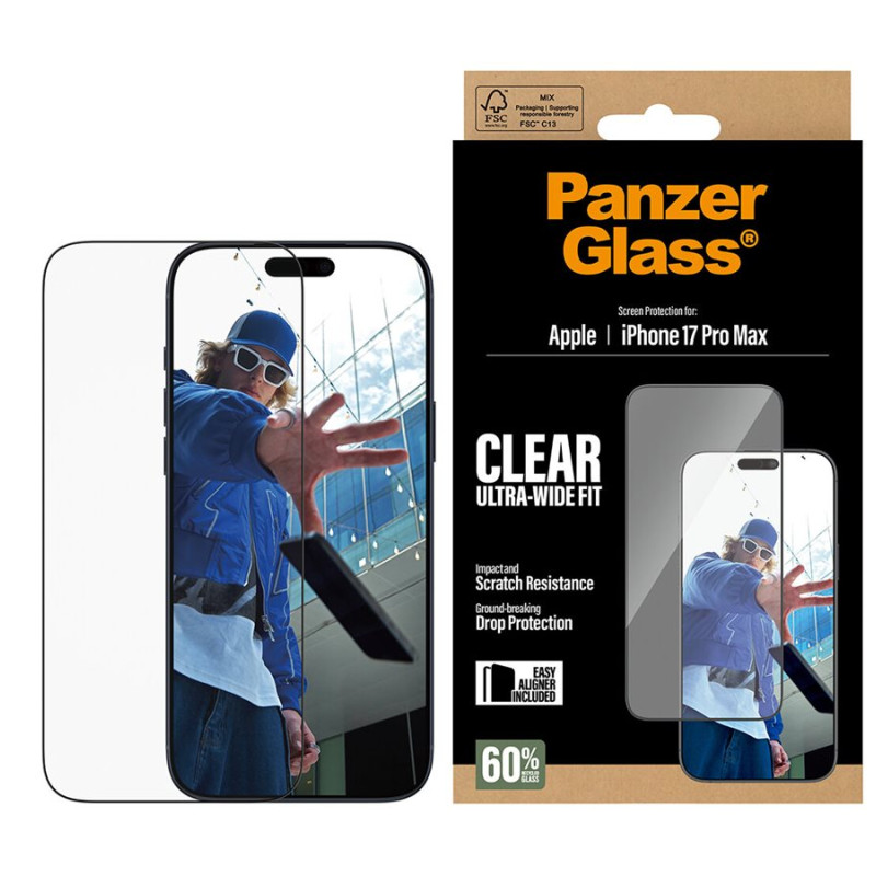 PanzerGlass Screen protector | Apple | iPhone 17 Pro Max | Glass | Transparent | Ultra-Wide Fit w. EasyAligner