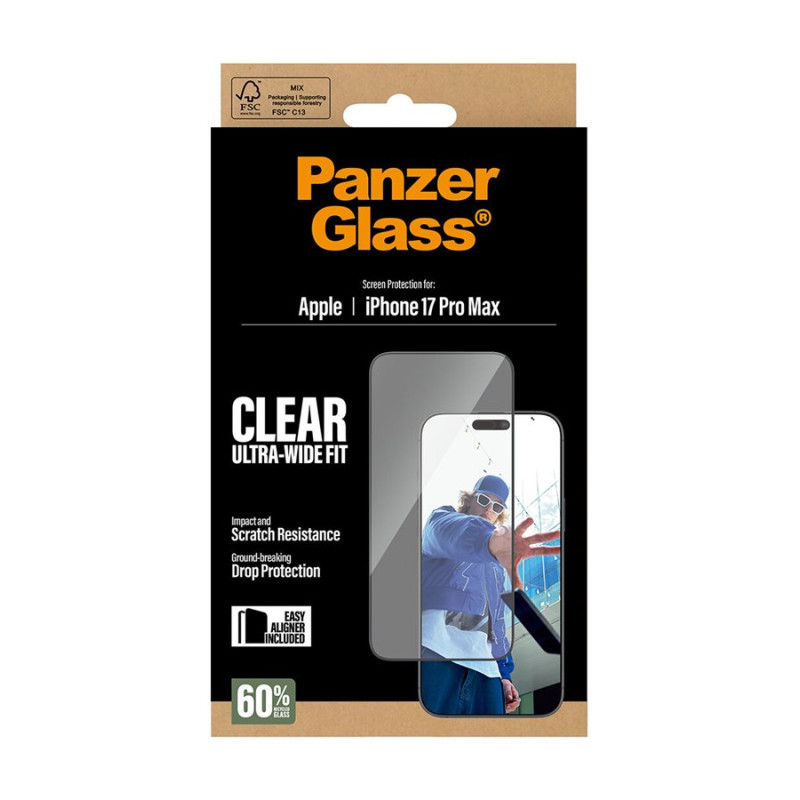 PanzerGlass Screen protector | Apple | iPhone 17 Pro Max | Glass | Transparent | Ultra-Wide Fit w. EasyAligner