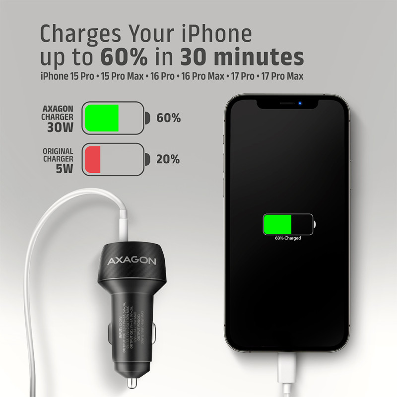 AXAGON Car charger 48W, USB-A + USB-C, PD3.0/PPS/QC4+/SFC | PWC-PQ48