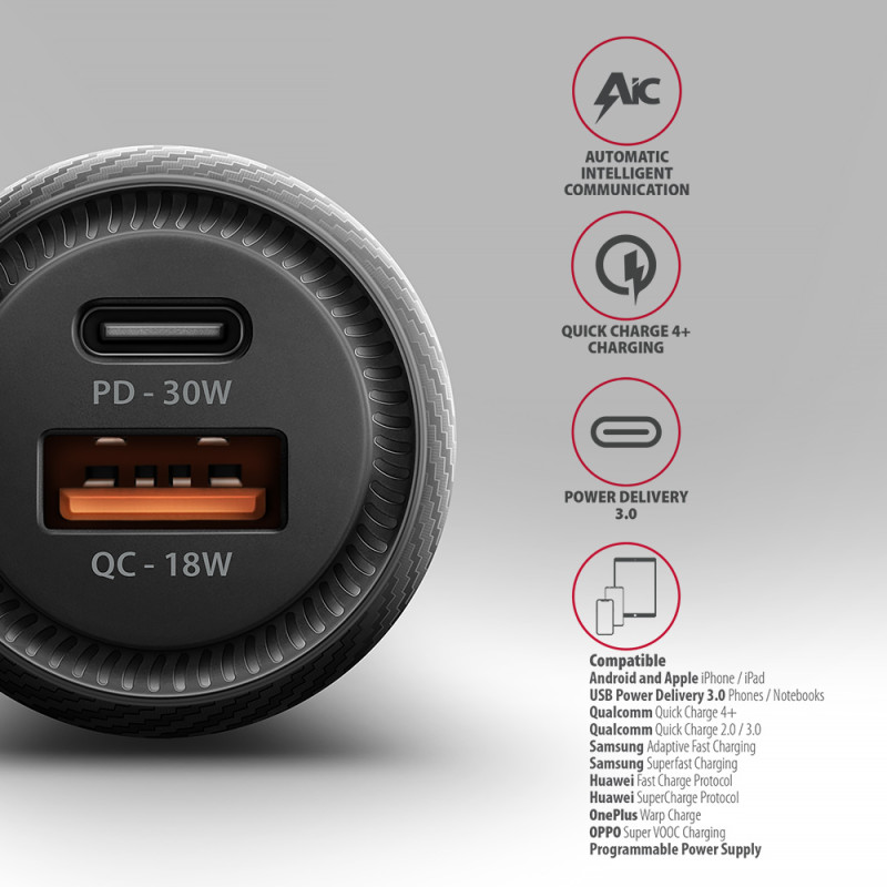 AXAGON Car charger 48W, USB-A + USB-C, PD3.0/PPS/QC4+/SFC | PWC-PQ48