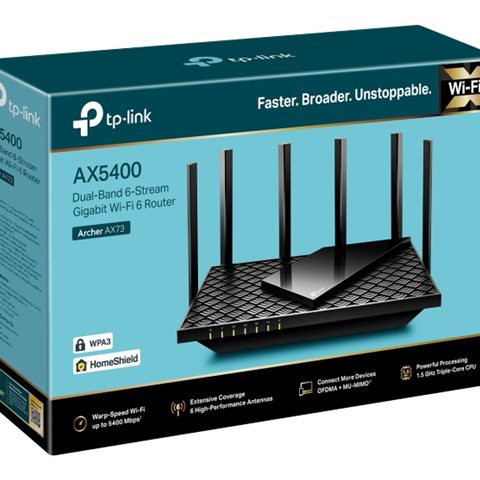 TP-LINK | Archer AX73 | 802.11ax | 4804+574 Mbit/s | 10/100/1000 Mbit/s | Ethernet LAN (RJ-45) pieslēgvietas 4 | Mesh atbalsts Nē | MU-MIMO Jā | Nav mobilo datu | Antenu tips 6x ārējās | 1× USB 3.0