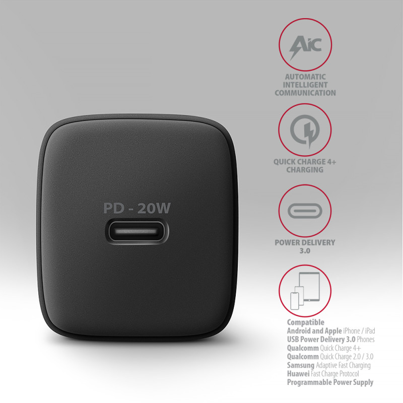 AXAGON Wallcharger 1x ports USB-C, PD3.0/PPS/QC4+/AFC/FCP/Apple, 20W | ACU-PD20