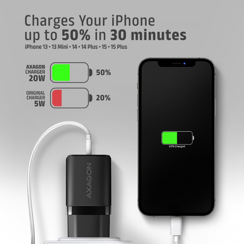 AXAGON Wallcharger 1x ports USB-C, PD3.0/PPS/QC4+/AFC/FCP/Apple, 20W | ACU-PD20