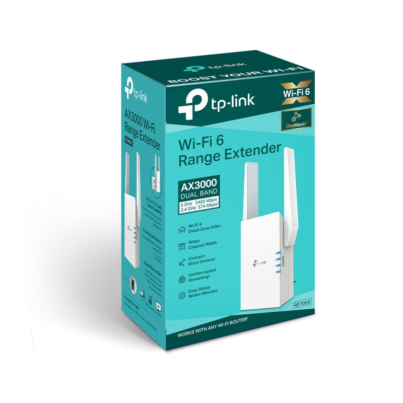 TP-LINK | AX3000 Mesh WiFi 6 paplašinātājs | RE705X | 802.11ax | 2402+574 Mbit/s | Ethernet LAN (RJ-45) porti 1 | Mesh atbalsts Jā | MU-MIMO Nē | Bez mob. platjoslas | Antenas tips 2x ārējas