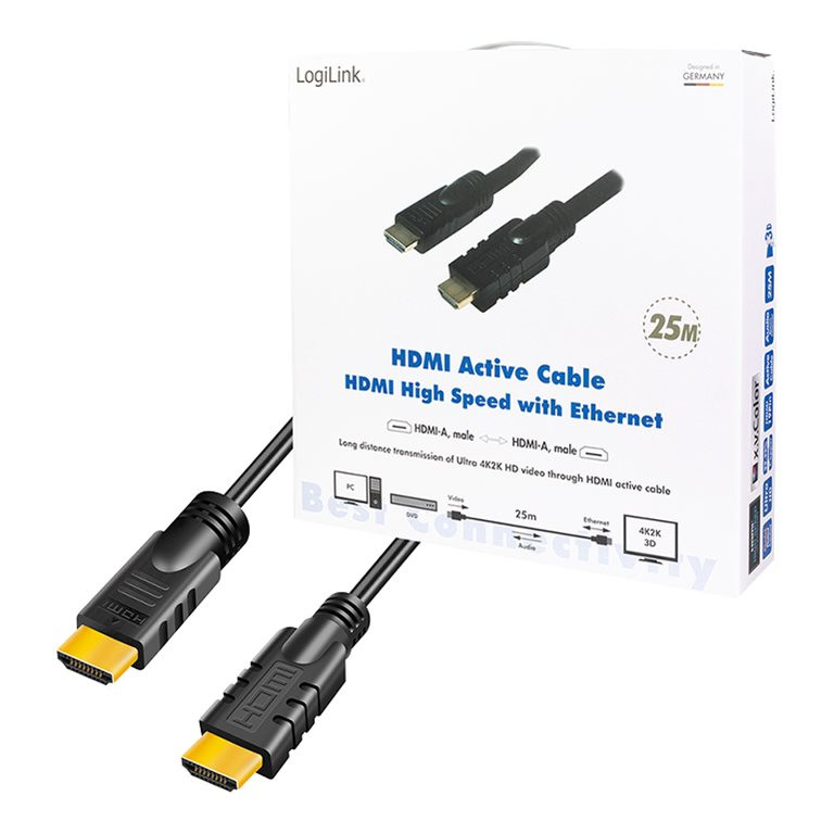Logilink CHA0025 HDMI kabelis, aktīvs, spraudnis/spraudnis (M/M), 25 m, melns | Logilink | CHA0025 HDMI kabelis, aktīvs, spraudnis/spraudnis (M/M) | HDMI uz HDMI | 25 m