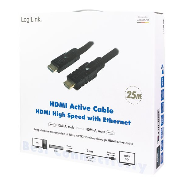 Logilink CHA0025 HDMI kabelis, aktīvs, spraudnis/spraudnis (M/M), 25 m, melns | Logilink | CHA0025 HDMI kabelis, aktīvs, spraudnis/spraudnis (M/M) | HDMI uz HDMI | 25 m