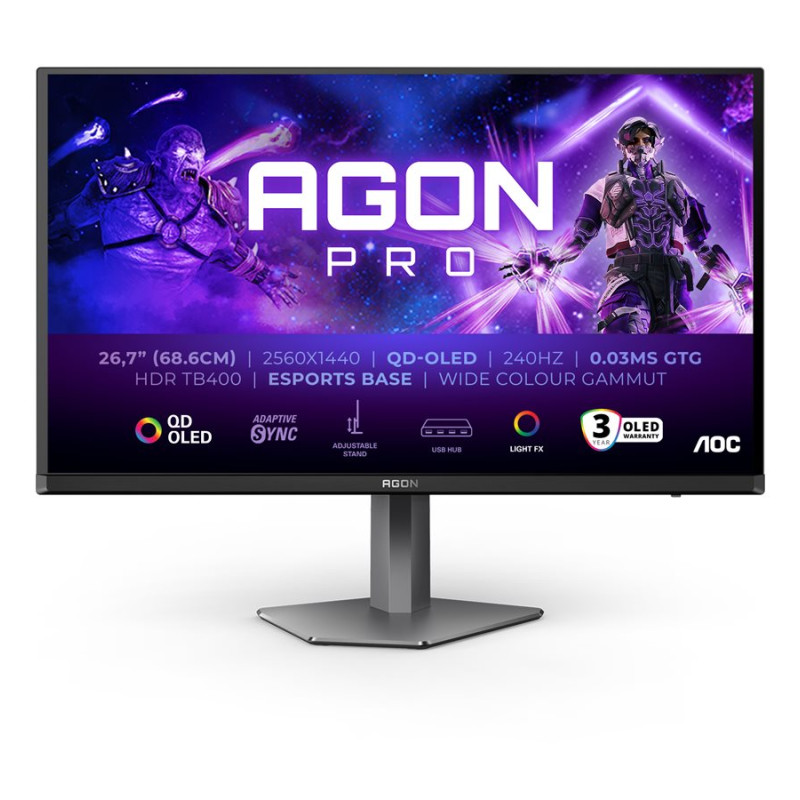 AOC | AG276QZD2 | 26.7 " | OLED | QHD | 16:9 | 240 Hz | 0.03 ms | 2560 x 1440 pixels | 250 cd/m² | HDMI ports quantity 2