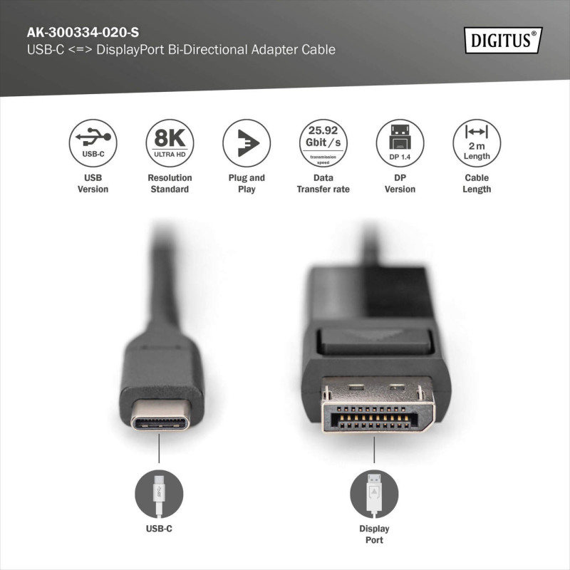 Digitus | Bi-directionāls adaptera kabelis 2 m | AK-300334-020-S | USB Type C uz DisplayPort