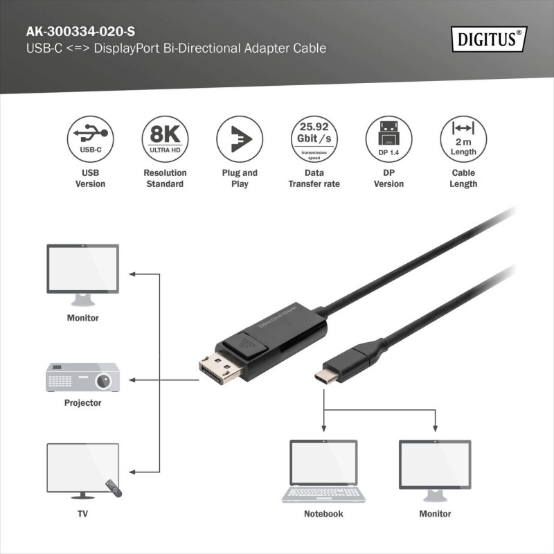 Digitus | Bi-directionāls adaptera kabelis 2 m | AK-300334-020-S | USB Type C uz DisplayPort