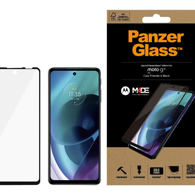 PanzerGlass | Ekrāna aizsargs | Motorola | Moto g51 5G | Stikls | Melns | Pilna rāmis; 100% skāriena saglabāšana; Noapaļotas malas | Draudzīgs maciņiem