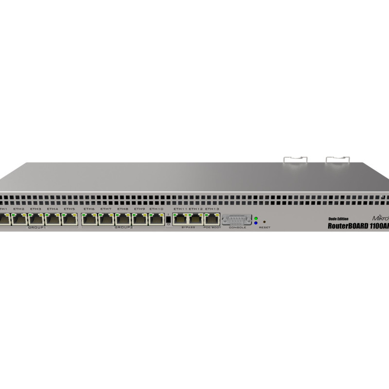 MikroTik vadu Ethernet maršrutētājs RB1100AHx4, 1U skapis, četru kodolu 1,4GHz CPU, 1 GB RAM, 128 MB, 13x Gigabit LAN, 1x RS232 seriālās konsoles ports, PCB temperatūras un sprieguma monitors, IP20, RouterOS L6 | MikroTik | Wired Ethernet Router | RB1100AHx4 | No Wi‑Fi | 10/100/1000 Mbit/s | Ethernet LAN (RJ-45) ports 13 | Mesh Support No | MU-MiMO No | No mobile broadband | 12 month(s)