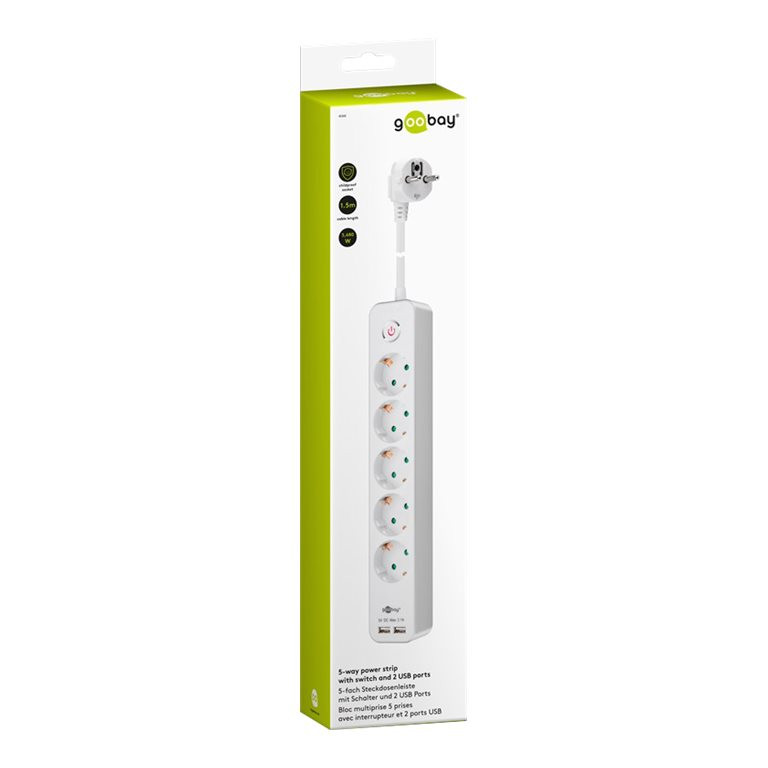 Goobay | 5-veidu strāvas sadalītājs ar slēdzi un 2 USB portiem 1,5 m | Ligzdu skaits 5