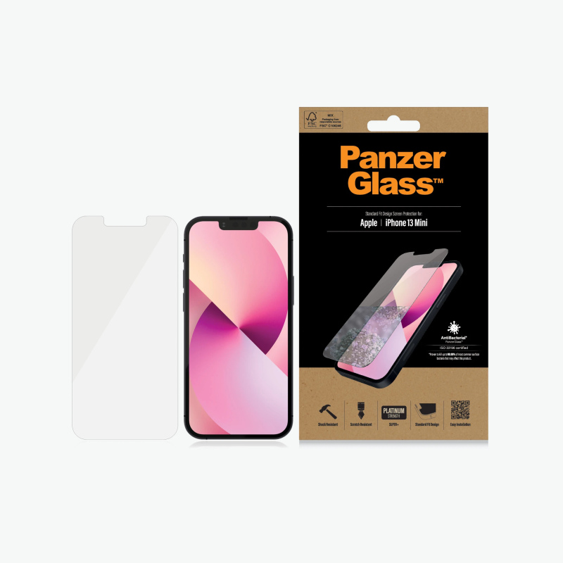 PanzerGlass | Caurspīdīgs ekrāna aizsargs | Apple | iPhone 13 Mini | Rūdīts stikls | Antibakteriāls stikls; Izturīgs pret skrāpējumiem un baktērijām; Triecienu absorbējošs; Viegli uzstādāms