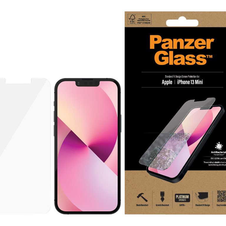 PanzerGlass | Caurspīdīgs ekrāna aizsargs | Apple | iPhone 13 Mini | Rūdīts stikls | Antibakteriāls stikls; Izturīgs pret skrāpējumiem un baktērijām; Triecienu absorbējošs; Viegli uzstādāms
