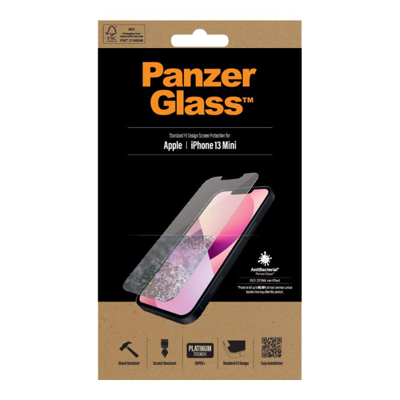 PanzerGlass | Caurspīdīgs ekrāna aizsargs | Apple | iPhone 13 Mini | Rūdīts stikls | Antibakteriāls stikls; Izturīgs pret skrāpējumiem un baktērijām; Triecienu absorbējošs; Viegli uzstādāms