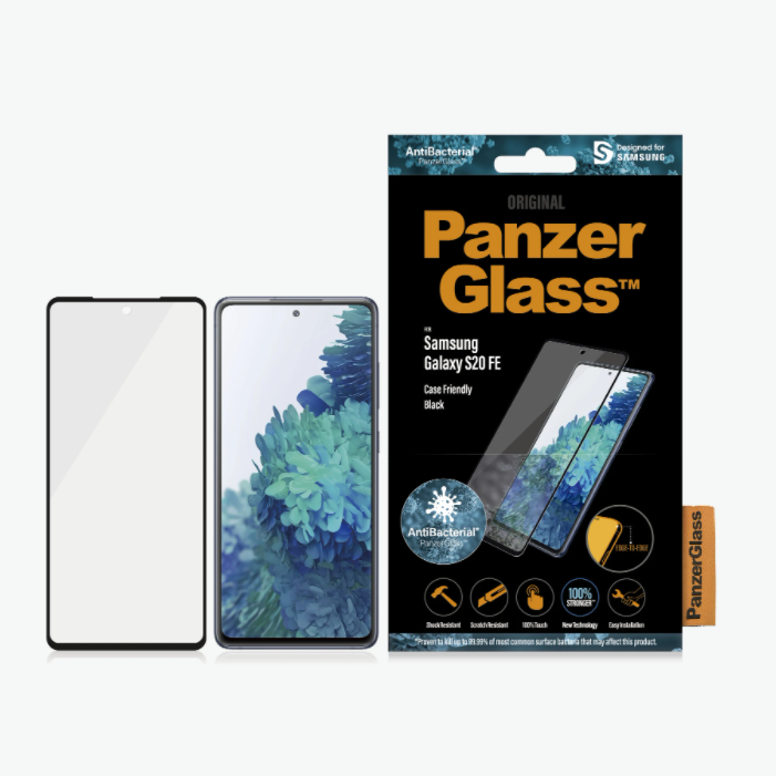 PanzerGlass | Samsung | Galaxy S20 FE CF | Stikls | Melns | Darbojas ar sejas atpazīšanu un savietojams ar ekrānā iebūvēto pirkstu nospiedumu lasītāju; Saderīgs ar vāciņu | Caurspīdīgs ekrāna aizsargs