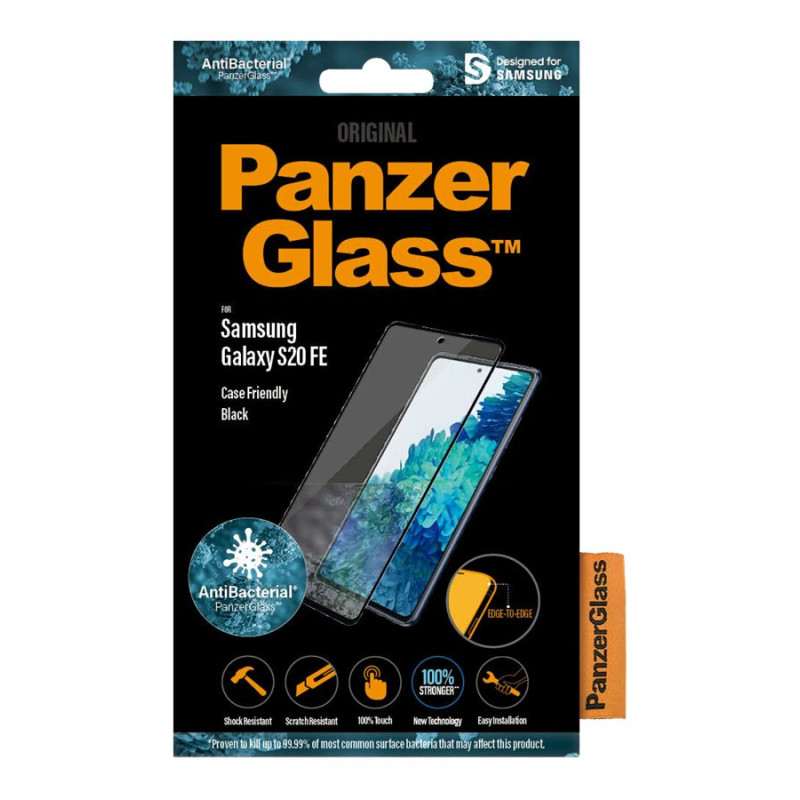 PanzerGlass | Samsung | Galaxy S20 FE CF | Stikls | Melns | Darbojas ar sejas atpazīšanu un savietojams ar ekrānā iebūvēto pirkstu nospiedumu lasītāju; Saderīgs ar vāciņu | Caurspīdīgs ekrāna aizsargs