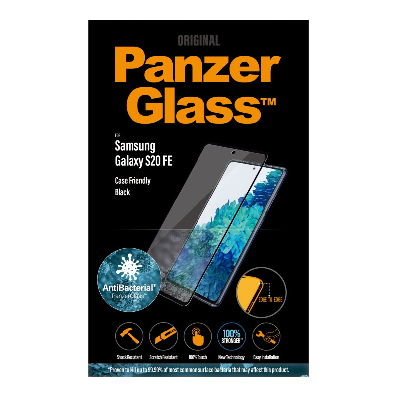 PanzerGlass | Samsung | Galaxy S20 FE CF | Stikls | Melns | Darbojas ar sejas atpazīšanu un savietojams ar ekrānā iebūvēto pirkstu nospiedumu lasītāju; Saderīgs ar vāciņu | Caurspīdīgs ekrāna aizsargs