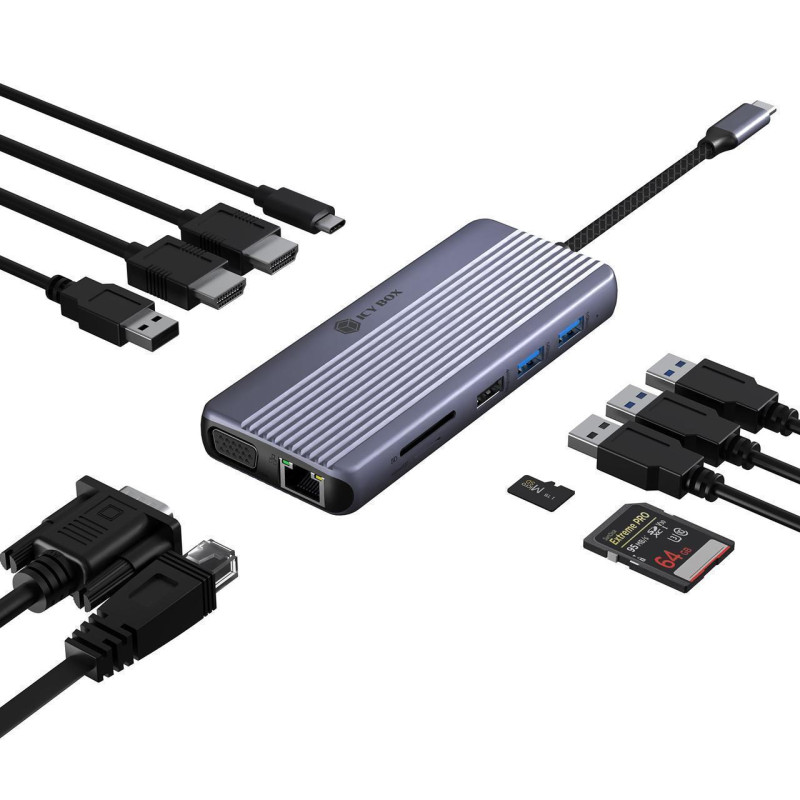 Raidsonic Icy Box Travel Dock 12-in-1, 3x video output (2x HDMI + 1x VGA) | IB-DK4062-CPD