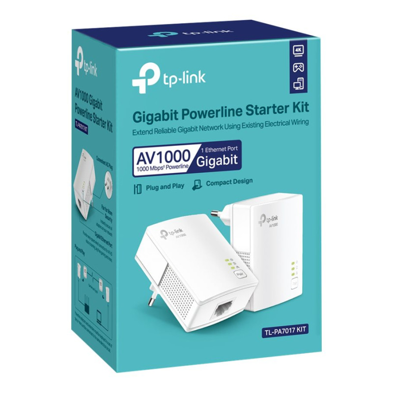 TP-LINK | Gigabit Powerline sākuma komplekts | TL-PA7017 KIT | 10/100/1000 Mbit/s | Ethernet LAN (RJ-45) porti 1 | Bez Wi-Fi | Maks. datu pārraides ātrums 1000 Mbit/s | Papildu kontaktligzda