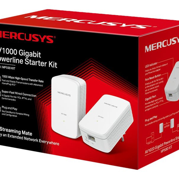 Mercusys | AV1000 Gigabit Powerline Starter komplekts | MP500 KIT | 1000 Mbit/s | Ethernet LAN (RJ-45) porti 1