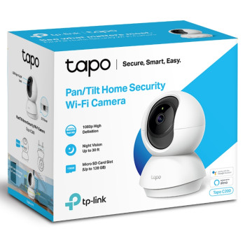 TP-LINK | Pan/tilt mājas drošības Wi‑Fi kamera | Tapo C200 | 4mm/F/2.4 | Privātuma režīms, skaņas un gaismas trauksme, kustības noteikšana un paziņojumi | H.264 | Micro SD, Maks. 128 GB