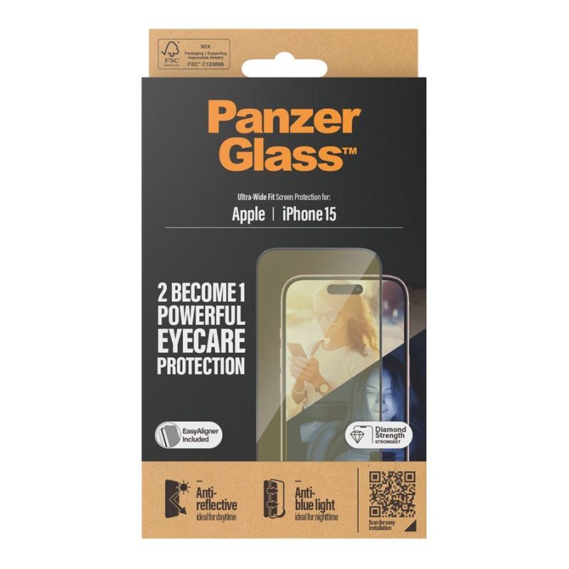 PanzerGlass | Ekrāna aizsargs | Apple | iPhone 15 | Stikls | Caurspīdīgs | Ultra-Wide Fit; Viegla uzstādīšana; Pretpirkstu nospiedumu; Pretzila gaisma; Pretrefleksisks; Pretdzeltēšana | Acu aizsardzība