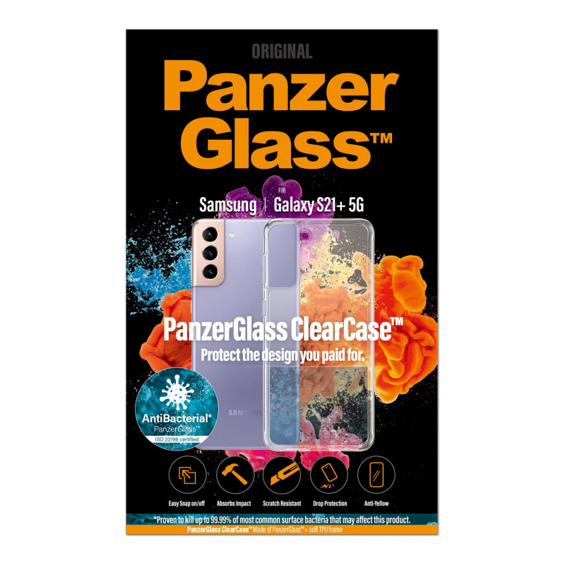 PanzerGlass | ClearCase | Vāciņš | Samsung | Galaxy S21+ sērija | Termoplastisks poliuretāns (TPU) | Caurspīdīgs | Pret dzeltenošanos; Skrāpējumiem izturīgs; Pret taukainību; Pret novecošanos; Antibakteriāls
