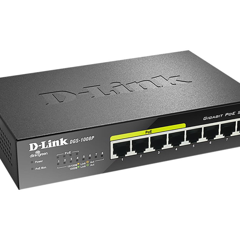 D-Link | 8-Portu Gigabit PoE slēdzis (4xPoE) | DGS-1008P | Nenodrošināts pārvaldījums | Galda | Barošanas avots: Ārējais