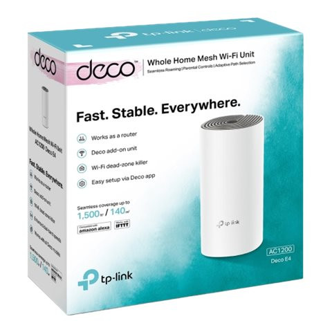 TP-LINK | Whole Home Mesh Wi‑Fi System | Deco E4 (1-pack) | 802.11ac | 867+300 Mbit/s | 10/100 Mbit/s | Ethernet LAN (RJ-45) porti 2 | Mesh atbalsts Jā | MU-MIMO Jā | Bez mobilā platjoslas | Antenas tips 2xIekšējā