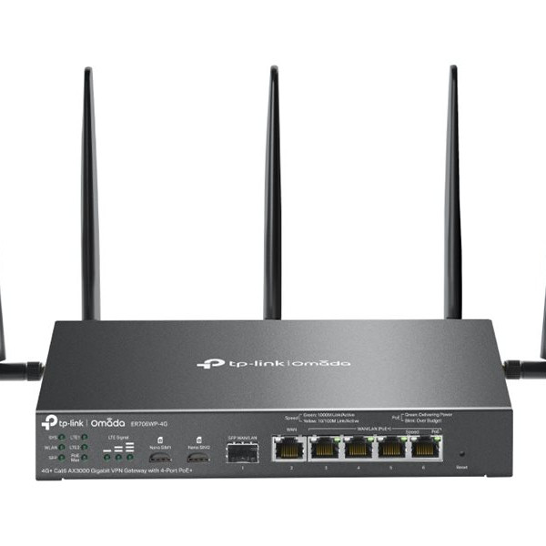 TP-LINK ER706WP-4G Omada 4G+ Cat6 AX3000 Gigabit VPN Gateway with 4-Port PoE+ | TP-LINK