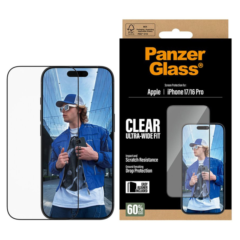 PanzerGlass Ekrāna aizsargs | Apple | iPhone 16 Pro/iPhone 17 | Stikls | Caurspīdīgs | Ultra-Wide Fit ar EasyAligner