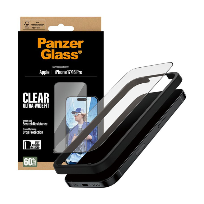 PanzerGlass Ekrāna aizsargs | Apple | iPhone 16 Pro/iPhone 17 | Stikls | Caurspīdīgs | Ultra-Wide Fit ar EasyAligner