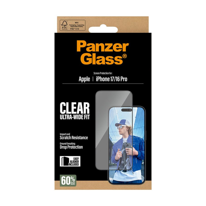 PanzerGlass Ekrāna aizsargs | Apple | iPhone 16 Pro/iPhone 17 | Stikls | Caurspīdīgs | Ultra-Wide Fit ar EasyAligner