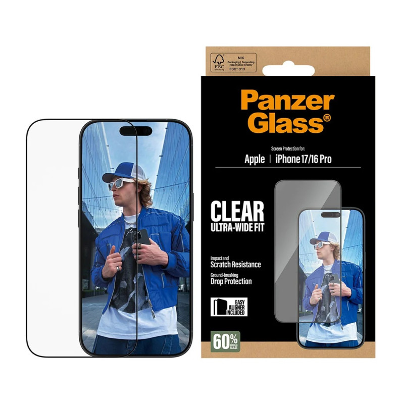 PanzerGlass Ekrāna aizsargs | Apple | iPhone 16 Pro/iPhone 17 | Stikls | Caurspīdīgs | Ultra-Wide Fit ar EasyAligner