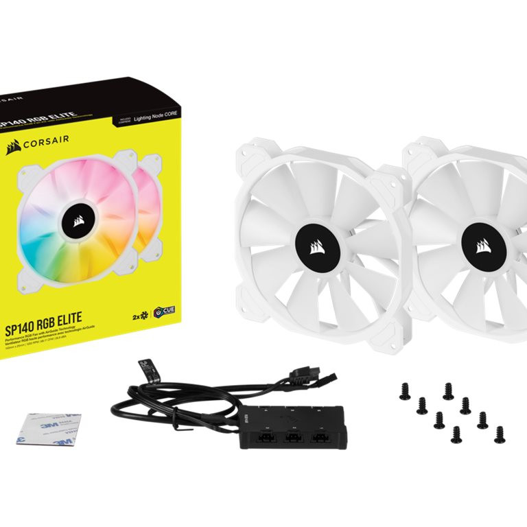 Corsair | 140 mm balts PWM ventilators, divu ventilatoru komplekts ar Lighting Node CORE | iCUE SP140 RGB ELITE Performance | korpusa ventilators