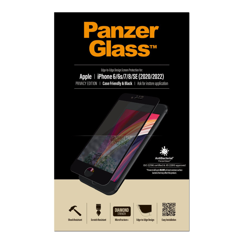 PanzerGlass | Apple | iPhone 6/6s/7/8/SE (2020) | Hibrīda stikls | Melns | Pretatstarojošs pārklājums; Zilā gaismas samazināšana | Privātuma filtrs
